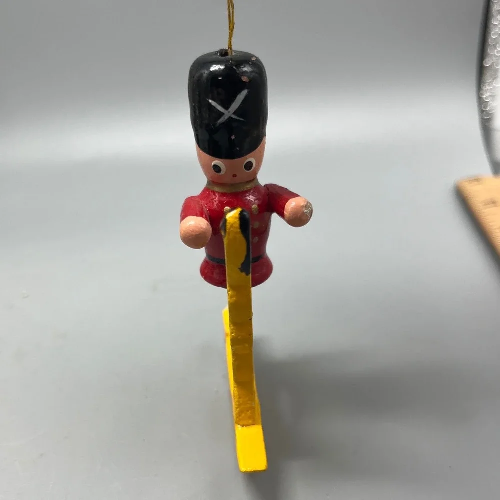 Vintage‎ Soldier on Wooden Rocking Horse Ornament Yellow Toy Pony Red